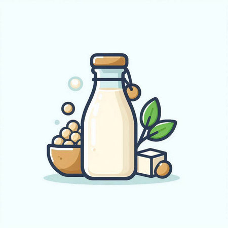 Milk bottle with soybean, tofu and beans. Vector illustrationのイラスト素材