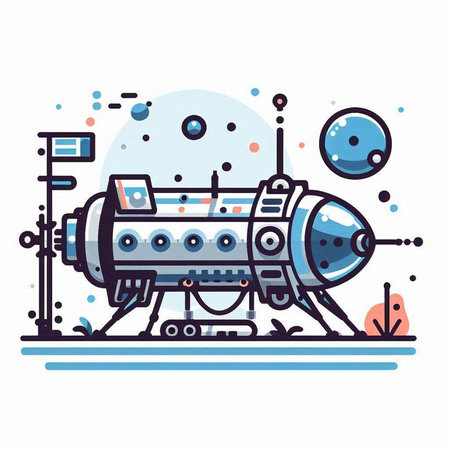 Space station vector illustration, flat style. Space exploration and science concept.のイラスト素材