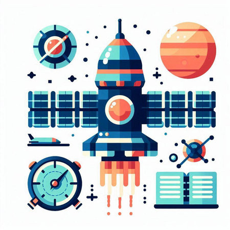 Vector illustration of space exploration flat design concept with rocket, planets, compass, solar panels.のイラスト素材