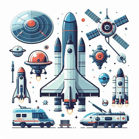Space exploration vector illustration with rockets, spaceships, UFO, spaceship and satellite.のイラスト素材