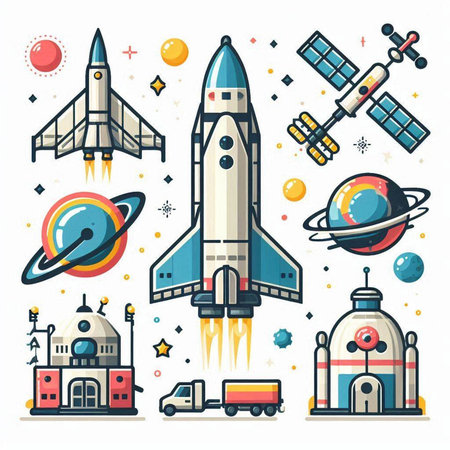 Space flat icons set with rockets, satellite, spaceship and planets isolated vector illustrationのイラスト素材