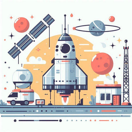 Space rocket in flat style. Vector illustration. Spaceship in space.のイラスト素材