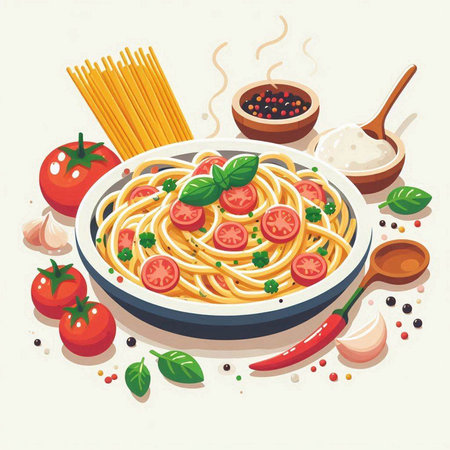 Spaghetti pasta with tomato sauce, basil and spices. Vector illustration.のイラスト素材
