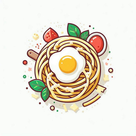 Spaghetti with fried egg and vegetables. Vector illustration on white background.のイラスト素材