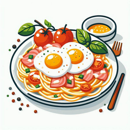 Spaghetti with fried egg, tomato and basil. Vector illustration.のイラスト素材