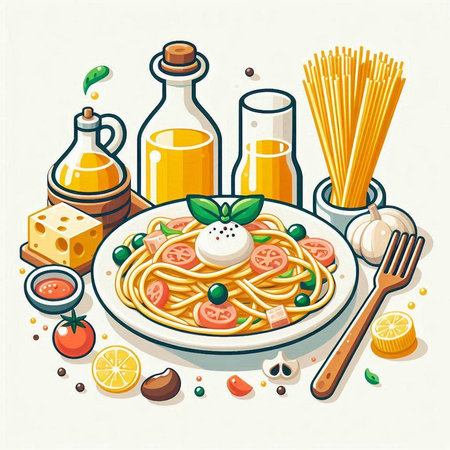 Spaghetti with tomato sauce, mozzarella cheese, olives and basil. Vector illustrationのイラスト素材