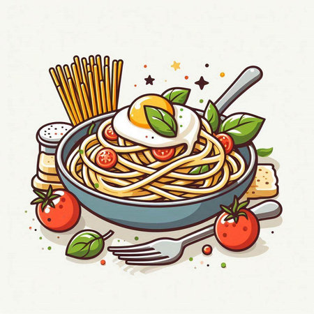 Spaghetti with fried egg and vegetables in bowl. Vector illustration.のイラスト素材