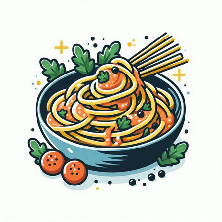 Spaghetti with tomato sauce and parsley. Hand drawn vector illustration.のイラスト素材
