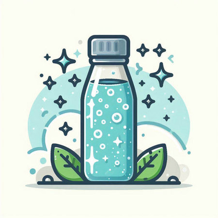 Bottle with water and leaves. Vector illustration in cartoon style.のイラスト素材