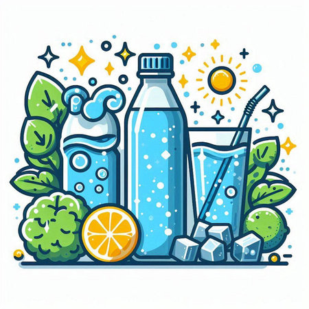 Vector illustration of a set of drinks, bottles and glasses with ice, lemon and lime.のイラスト素材