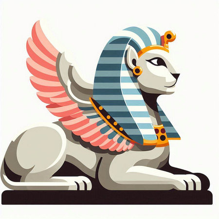 Egyptian lion with a scarf on his head. Vector illustration.のイラスト素材