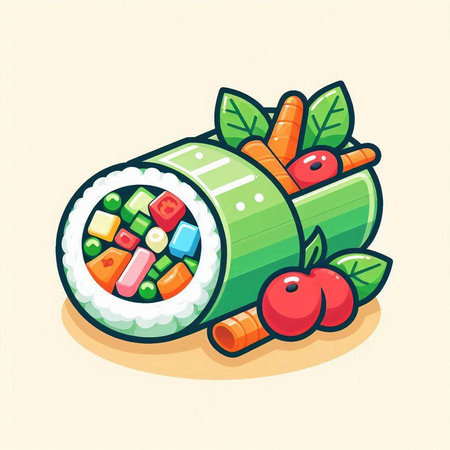 Illustration of sushi roll with vegetables and fruits. Vector illustration.のイラスト素材