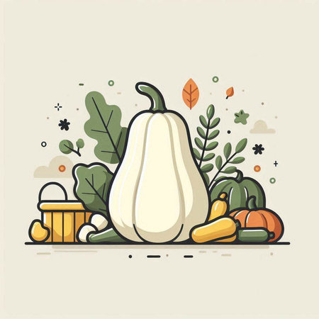 Autumn vector illustration with pumpkins, leaves, fruits and vegetablesのイラスト素材