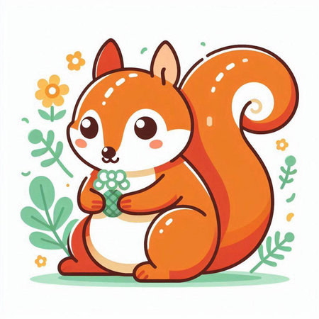 Cute squirrel sitting with a bouquet of flowers. Vector illustration.のイラスト素材