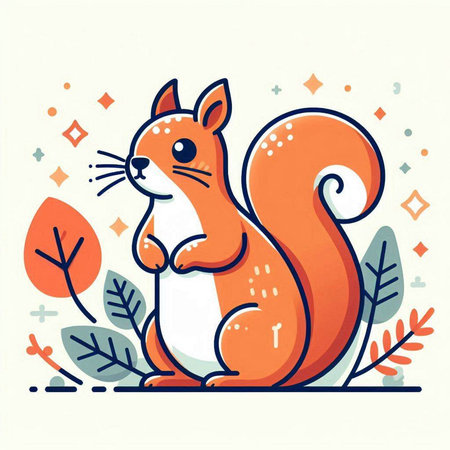 Cute squirrel with autumn leaves. Vector illustration in flat style.のイラスト素材