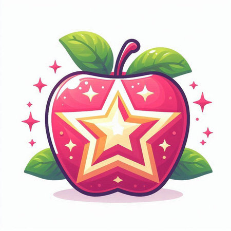 Red apple with star and leaves. Vector illustration isolated on white background.のイラスト素材