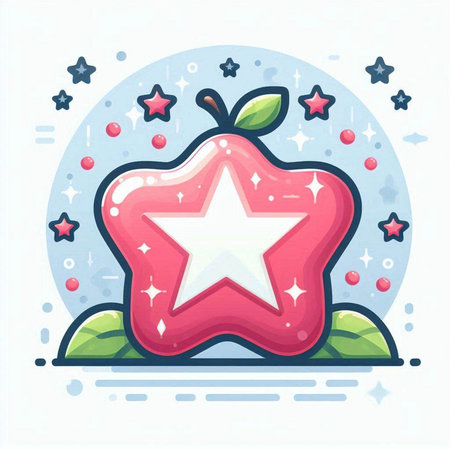 Vector illustration of red apple with star and stars on white background.のイラスト素材