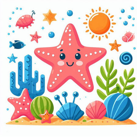 Cute cartoon starfish on the seashore. Vector illustrationのイラスト素材