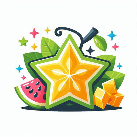 Star fruit with watermelon, watermelon and mint leaves. Vector illustration.のイラスト素材
