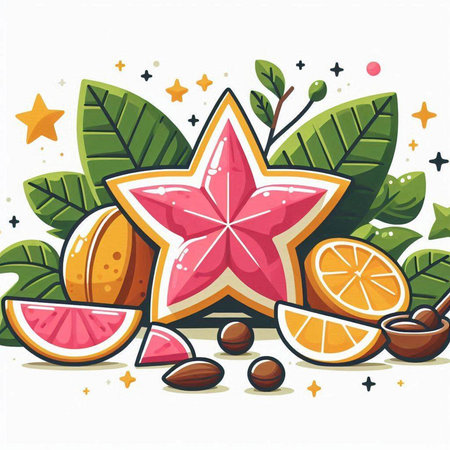 Fruit and berries, starfruit, orange, lemon, watermelon, vector illustrationのイラスト素材