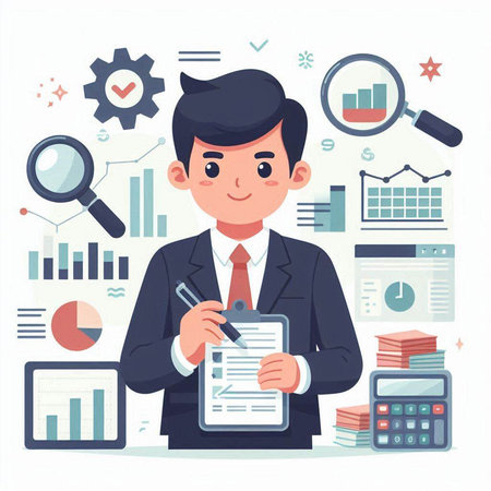 Businessman showing clipboard with financial report. Vector illustration in flat styleのイラスト素材
