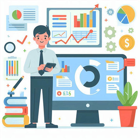 Businessman working on computer screen and analyzing financial data. Vector illustration.のイラスト素材
