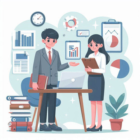Businessman and businesswoman working together in office. Vector illustration.のイラスト素材
