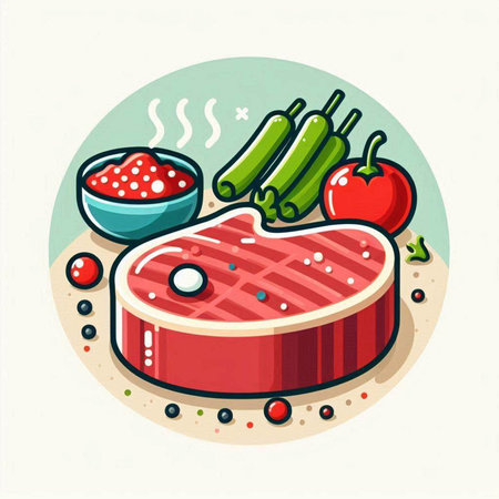 Steak, vegetables and spices. Vector illustration in flat style.のイラスト素材
