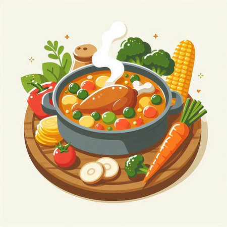 Vegetable soup in a frying pan with vegetables. Vector illustration.のイラスト素材