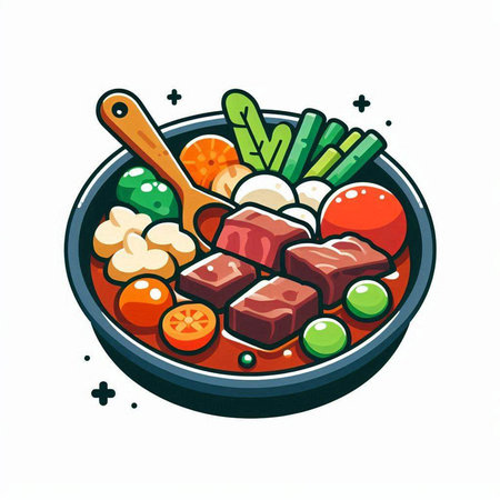 Illustration of japanese hot pot with beef and vegetables.のイラスト素材
