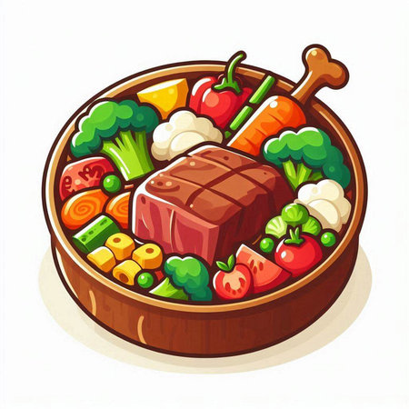 Illustration of a Steak and Vegetables in a Wooden Bowlのイラスト素材