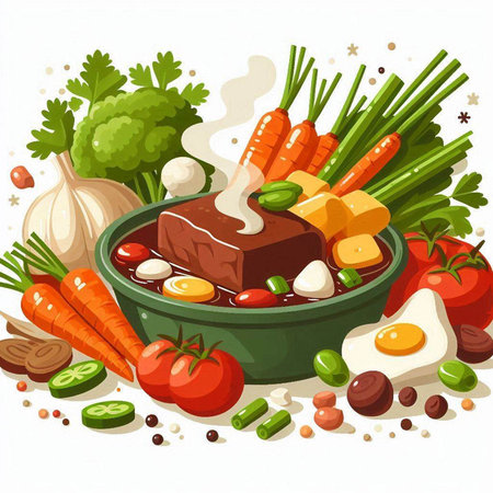 Illustration of a bowl of vegetable soup with meat and vegetables.のイラスト素材