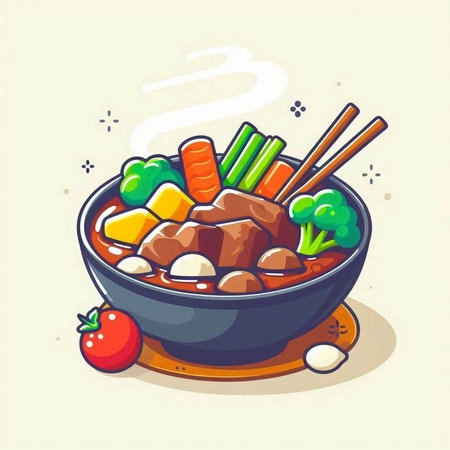Illustration of a bowl of chinese soup with vegetables and meatのイラスト素材