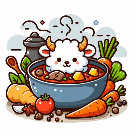 Illustration of a Cute Cartoon Sheep with Vegetable Soup in Bowlのイラスト素材