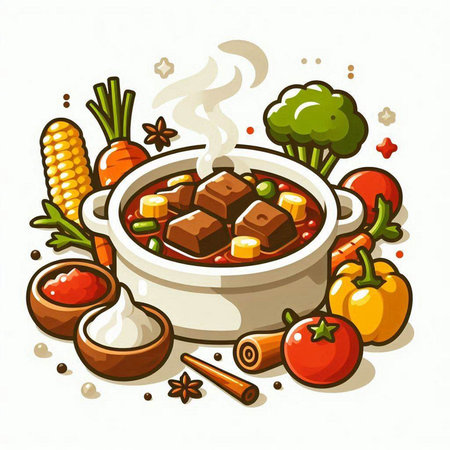 Illustration of a bowl of beef stew with vegetables and spices.のイラスト素材