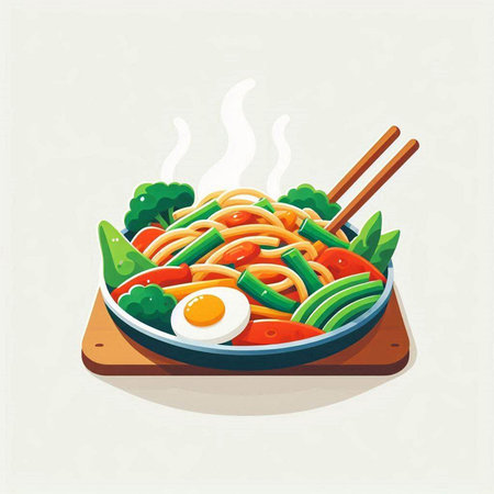 Noodles with vegetables and egg in a bowl. Vector illustration.のイラスト素材