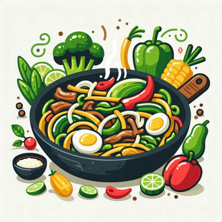 Cartoon vector illustration of Asian noodle with vegetables and egg.のイラスト素材
