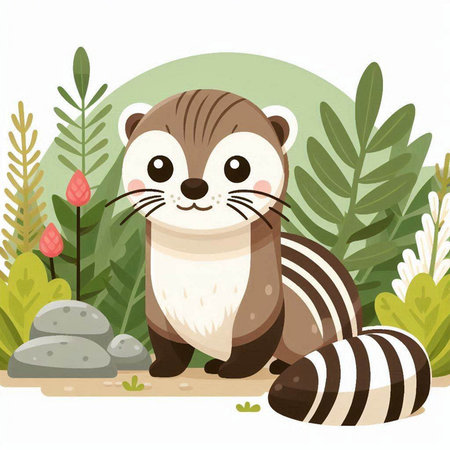 Cute ferret in the jungle. Vector illustration of a wild animal.のイラスト素材