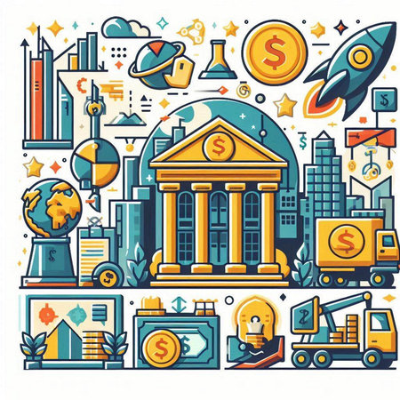 Flat line art design of banking and finance. Vector illustration.のイラスト素材
