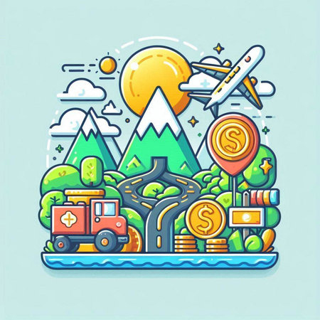Vector illustration of flat line art design of travel and adventure concept.のイラスト素材