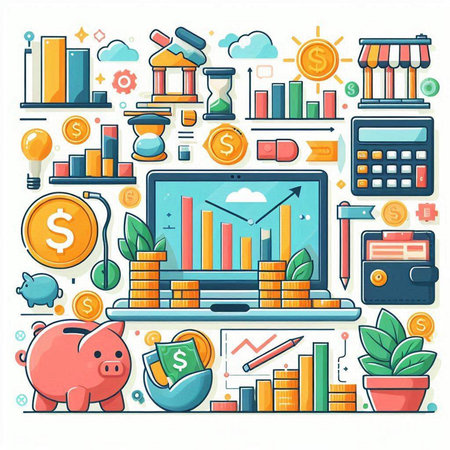 Business and finance concept. Vector illustration in line art style with icons of money, piggy bank, clock, calculator, piggy bank, coins and other elements.のイラスト素材