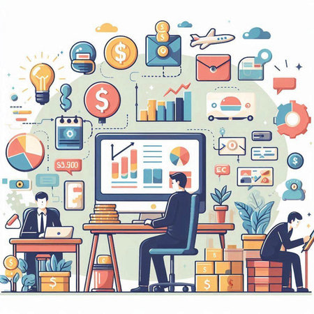 Flat design modern vector illustration concept of online trading, e-commerce, e-businesset research, digital marketing.のイラスト素材