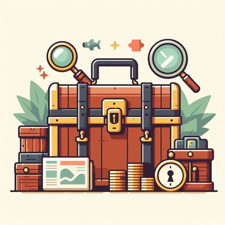 Vector illustration of a suitcase, magnifying glass, magnifier, briefcase, calculator and other items.のイラスト素材