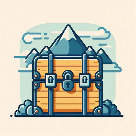 Wooden chest in the mountains. Vector illustration in flat style.のイラスト素材