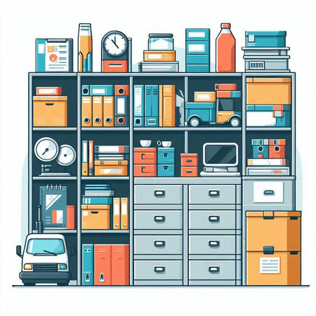 Vector illustration of a bookcase with different office supplies and furniture.のイラスト素材