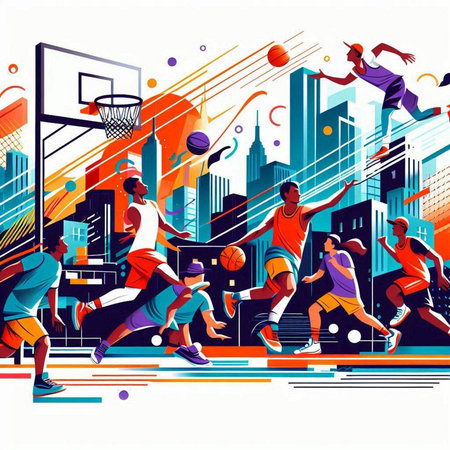 Basketball players in action. Colorful background with basketball player. Vector illustration.のイラスト素材