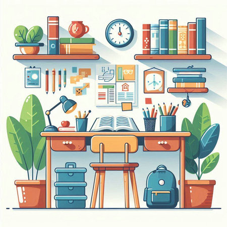 Vector illustration of school desk with books and stationery in flat styleのイラスト素材