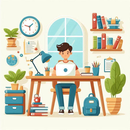 Vector illustration of a student sitting at the table and studying at homeのイラスト素材