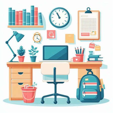 Workplace with computer, books, stationery and supplies. Vector illustrationのイラスト素材
