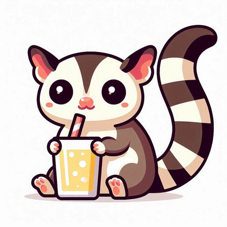Cute cartoon lemur with a glass of juice. Vector illustration.のイラスト素材